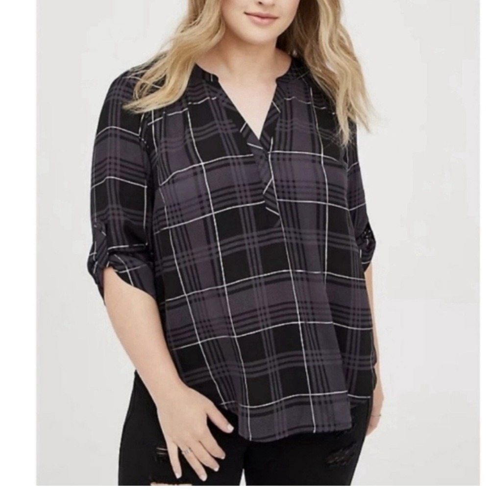 Torrid Harper Black‎ Gray Plaid  3/4 Sleeve Challis Pullover Top Size 4X